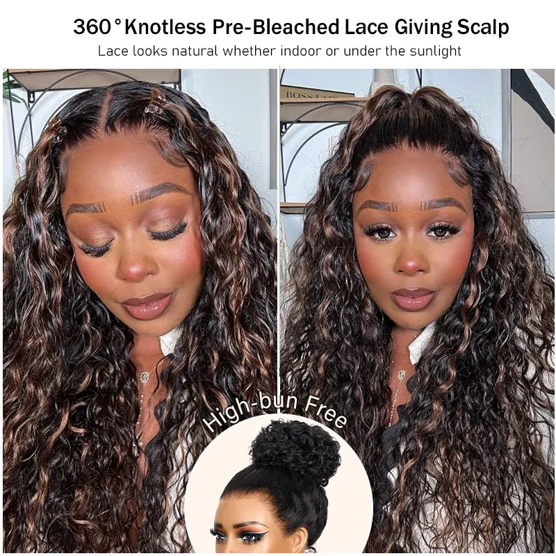 Perismoda Water Wave 360 Lace Frontal Wig Pre-Bleached & Pre-Cut Brown Balayage with Invisi Strap Adjustable Fit