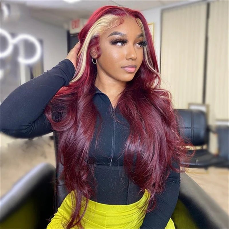 Burgundy 99J Red Wig With 613 Blonde Skunk Stripe Human Hair Wigs 6x6 Body Wave Lace Closure Wig Colored Wigs - Perismoda Hair