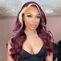 Burgundy 99J Red Wig With 613 Blonde Skunk Stripe Human Hair Wigs 6x6 Body Wave Lace Closure Wig Colored Wigs - Perismoda Hair