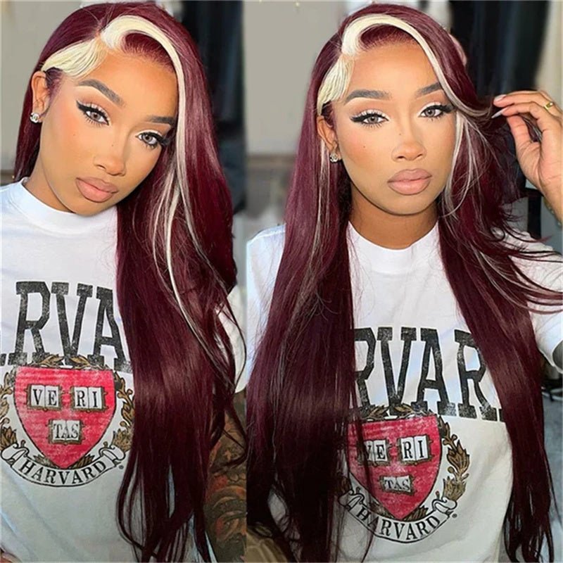 Burgundy 99J Red Wig With 613 Blonde Skunk Stripe Human Hair Wigs 6x6 Body Wave Lace Closure Wig Colored Wigs - Perismoda Hair