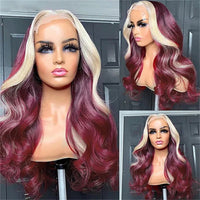 Burgundy 99J Red Wig With 613 Blonde Skunk Stripe Human Hair Wigs 6x6 Body Wave Lace Closure Wig Colored Wigs - Perismoda Hair