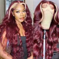 Burgundy 99J Red Wig With 613 Blonde Skunk Stripe Human Hair Wigs 6x6 Body Wave Lace Closure Wig Colored Wigs - Perismoda Hair