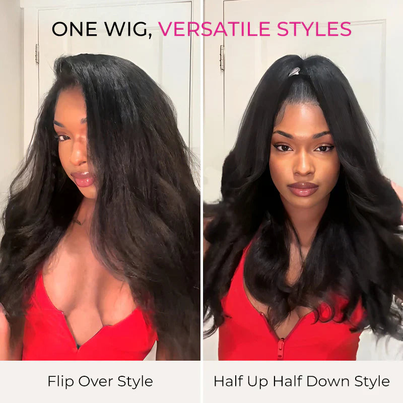 Perismoda 3 In 1  Wear Go Half Wig Invisible Hairline Kinky Straight Flip Over Wig Glueless For Beginner Fridenly
