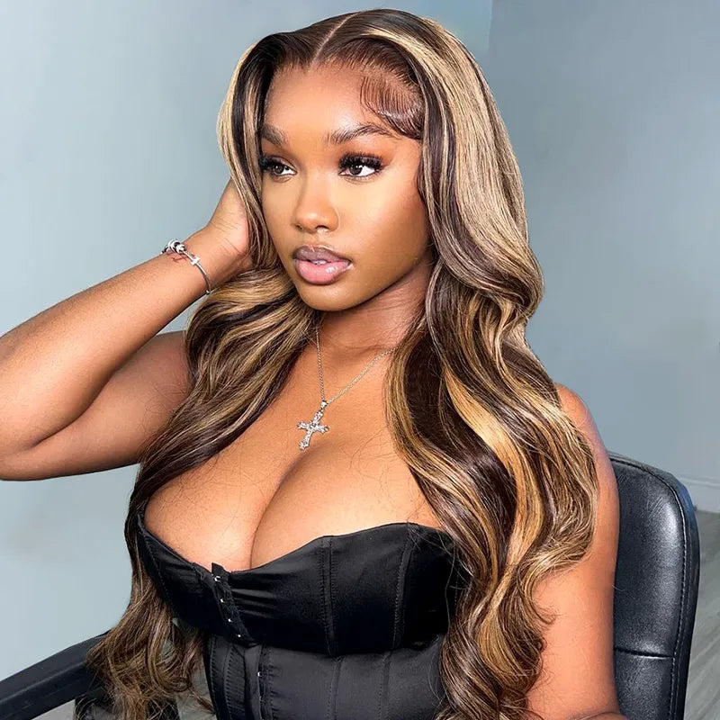 Perismoda Brown Highlight Skin 13x4 Body Wave Lace Front Wig Virgin Hair