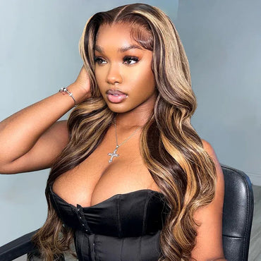 Perismoda Brown Highlight Skin 13x4 Body Wave Lace Front Wig Virgin Hair