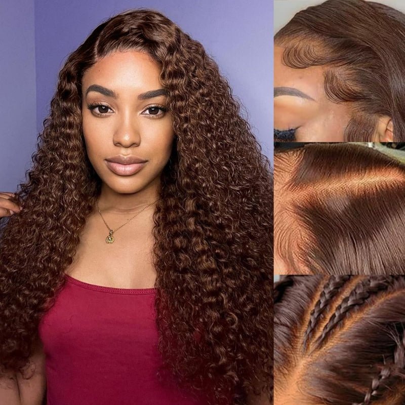 Chocolate Brown Kinky Curly Lace Front Wig Human Hair 13x4 Transparent Lace Frontal Wigs 180% Density - Perismoda Hair