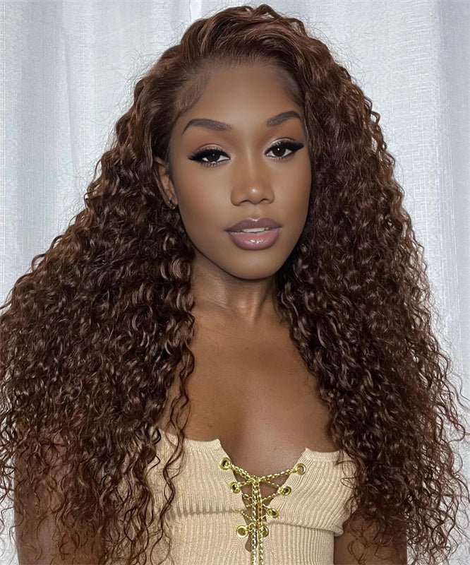 Chocolate Brown Kinky Curly Lace Front Wig Human Hair 13x4 Transparent Lace Frontal Wigs 180% Density - Perismoda Hair