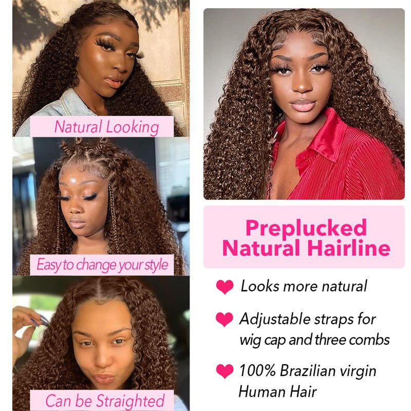 Chocolate Brown Kinky Curly Lace Front Wig Human Hair 13x4 Transparent Lace Frontal Wigs 180% Density - Perismoda Hair