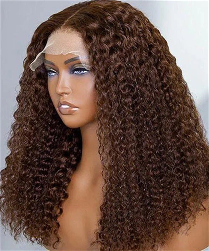 Chocolate Brown Kinky Curly Lace Front Wig Human Hair 13x4 Transparent Lace Frontal Wigs 180% Density - Perismoda Hair