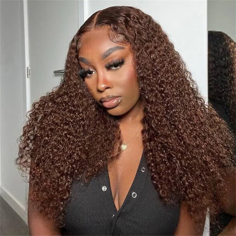 Chocolate Brown Kinky Curly Lace Front Wig Human Hair 13x6 Transparent Lace Frontal Wigs 180% Density - Perismoda Hair