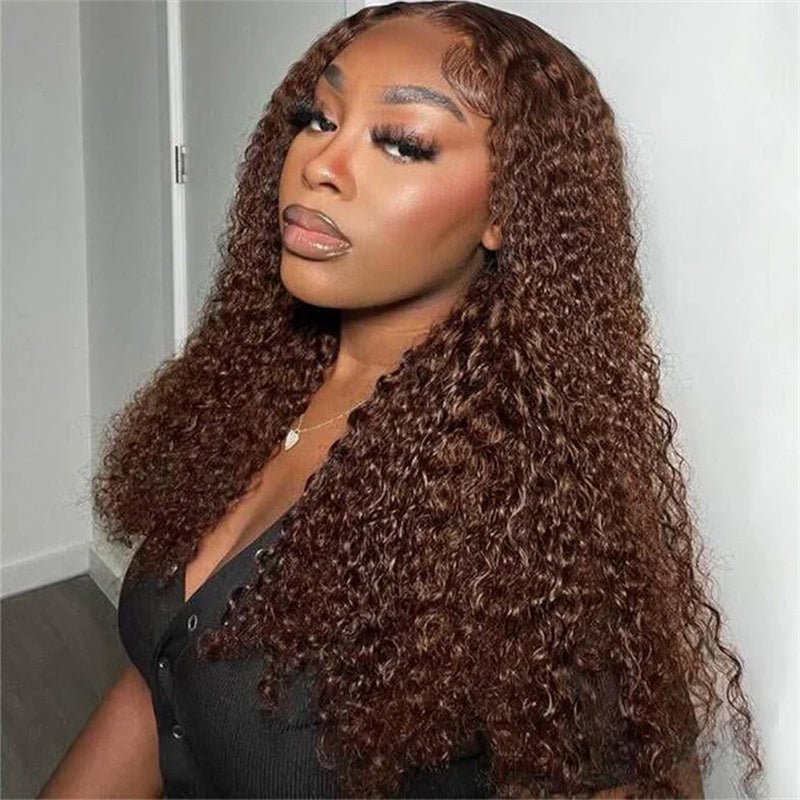 Chocolate Brown Kinky Curly Lace Front Wig Human Hair 13x6 Transparent Lace Frontal Wigs 180% Density - Perismoda Hair