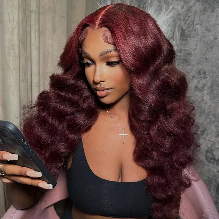 Perismoda Burgundy 99J Loose Wave Wigs 13x4 Lace Front Wig Human Hair Pre Plucked