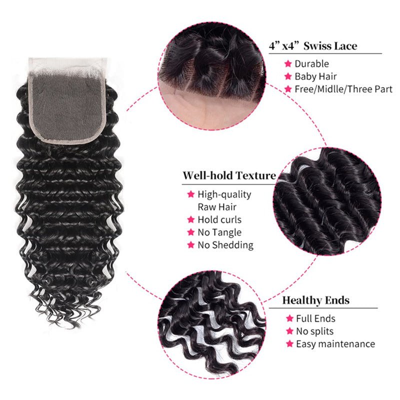 Deep Wave 3 Bundles with 4x4 Lace Closure with Baby Hair Natural Color - Perismoda Hair