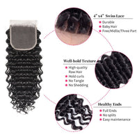 Deep Wave 3 Bundles with 4x4 Lace Closure with Baby Hair Natural Color - Perismoda Hair