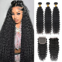Deep Wave 3 Bundles with 4x4 Lace Closure with Baby Hair Natural Color - Perismoda Hair