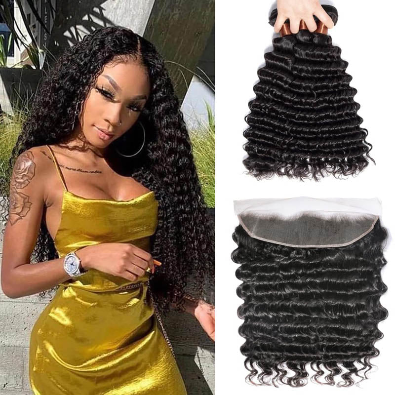 Deep Wave Brazilian Hair Bundles With 13x4 Lace Frontal - Perismoda Hair