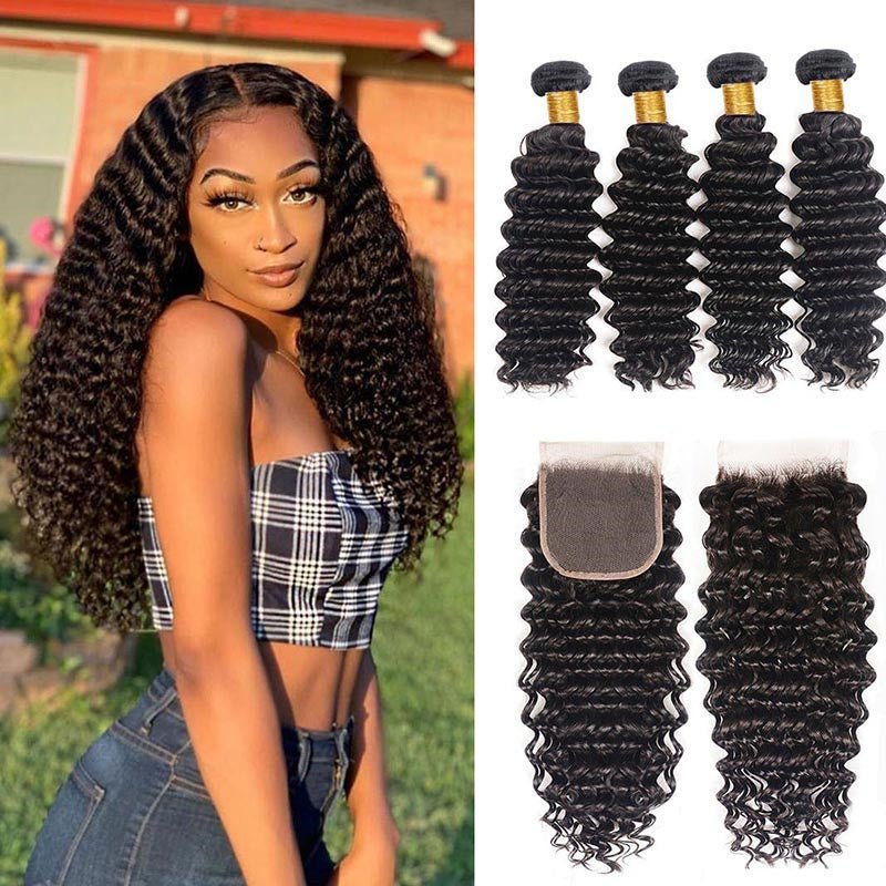 Deep Wave Human Hair Bundles with Closure Brazilian Hair 4 Bundles with 4x4 Lace Closure - Perismoda Hair