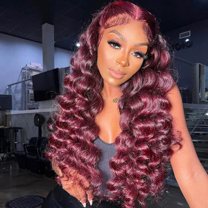 Perismoda Burgundy 99J Loose Wave Wigs 13x4 Lace Front Wig Human Hair Pre Plucked