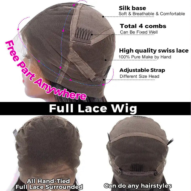 Perismoda Virgin Human Hair Full Lace Wig Soft Straight Hair Full Scalp Lace Wigs 180% Density Natural Color