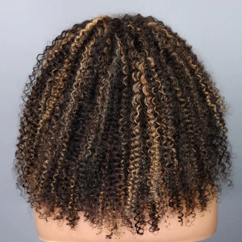 Perismoda Blonde Highlight Kinky Curly Glueless Drawstring Half Wig Human Hair 3 In 1 Half Wig