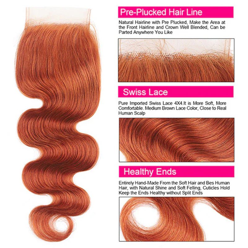 Ginger Orange Hair Bundles with Closure 4x4 Body Wave/Straight Human Hair Bundles with Closure - Perismoda Hair