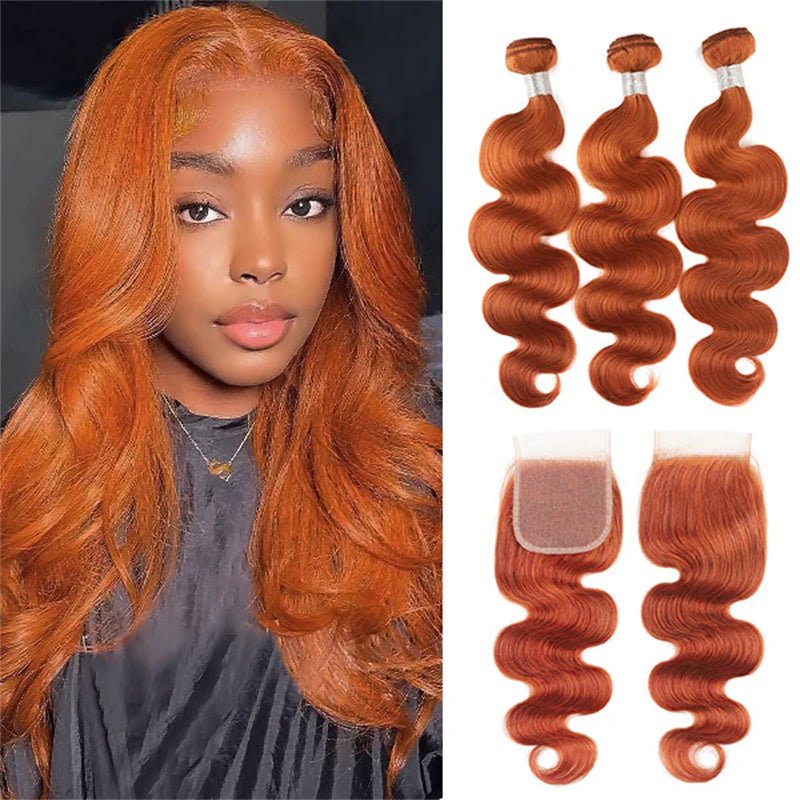 Ginger Orange Hair Bundles with Closure 4x4 Body Wave/Straight Human Hair Bundles with Closure - Perismoda Hair
