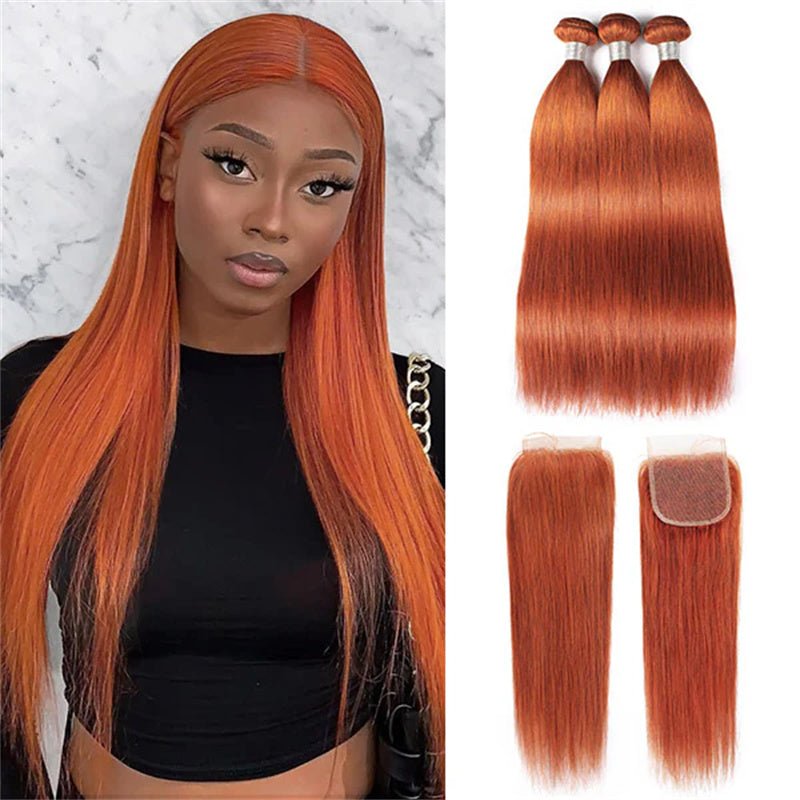 Ginger Orange Hair Bundles with Closure 4x4 Body Wave/Straight Human Hair Bundles with Closure - Perismoda Hair