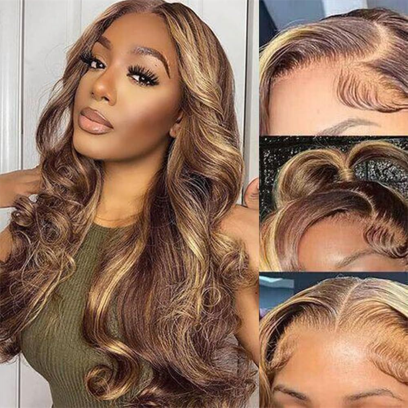 Perismoda 13x6 Full Lace Wigs P4/27 Highlight Glueless Wigs Body Wave With Invisi Drawstring