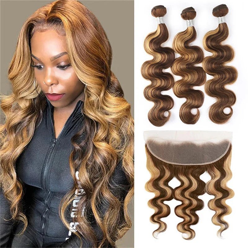 Highlight Body Wave Hair Brazilian Human Hair 3 Bundles with Frontal 13x4 Lace Closure - Perismoda Hair