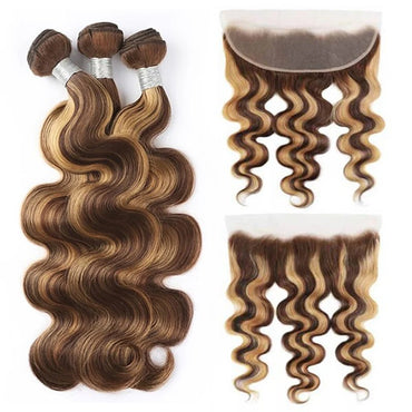 Highlight Body Wave Hair Brazilian Human Hair 3 Bundles with Frontal 13x4 Lace Closure - Perismoda Hair