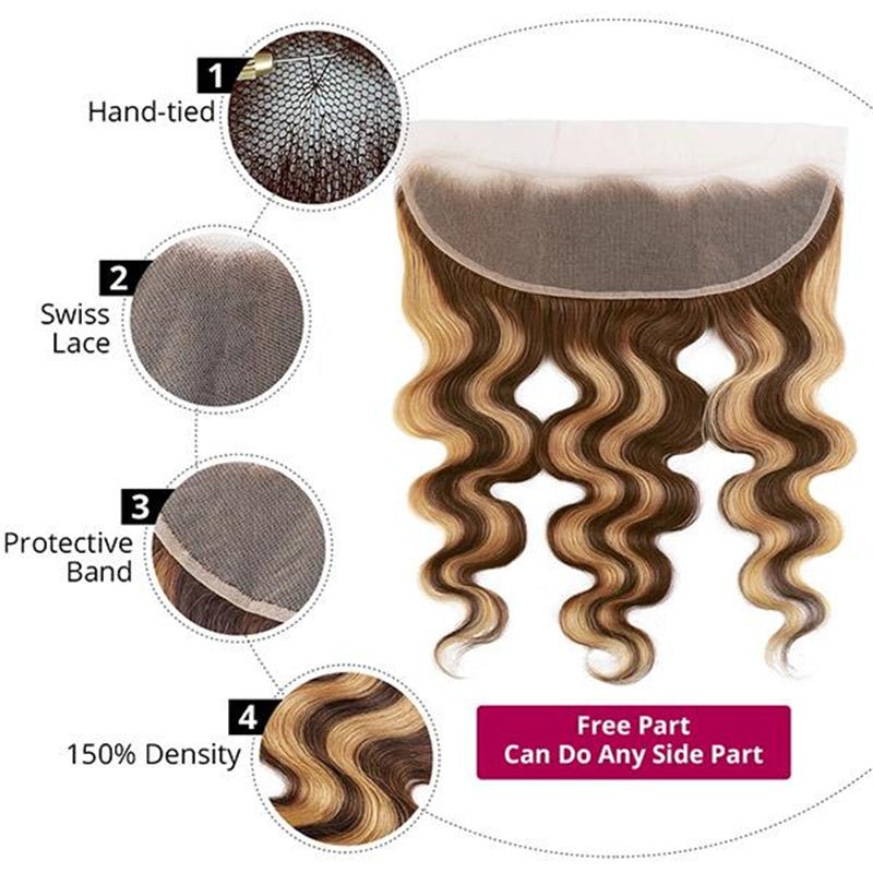 Highlight Body Wave Hair Brazilian Human Hair 3 Bundles with Frontal 13x4 Lace Closure - Perismoda Hair