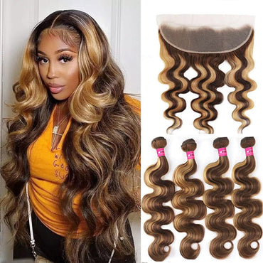 Highlight P4/27 Body Wave 4 Bundles With 13x4 Transparent Lace Frontal100% Real Human Hair - Perismoda Hair