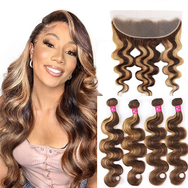 Highlight P4/27 Body Wave 4 Bundles With 13x4 Transparent Lace Frontal100% Real Human Hair - Perismoda Hair