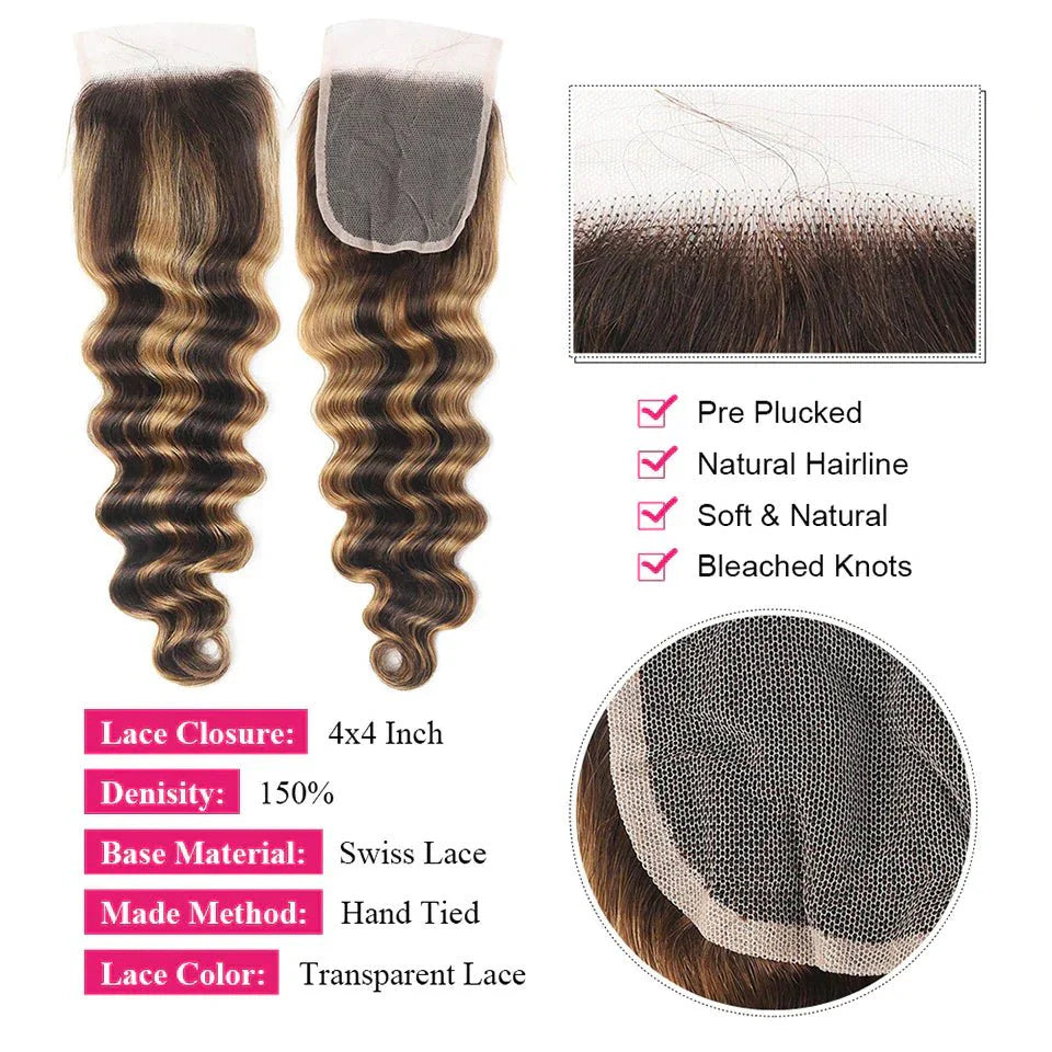 Highlight P4/27 Loose Deep Wave 3 Bundles With 4x4 Lace Closure 100% Real Human Hair - Perismoda Hair