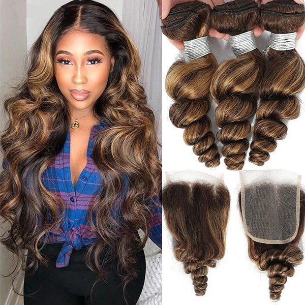 Highlight P4/27 Loose Wave Bundles with 4X4 Closure 100% Real Human Hair - Perismoda Hair