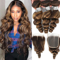 Highlight P4/27 Loose Wave Bundles with 4X4 Closure 100% Real Human Hair - Perismoda Hair