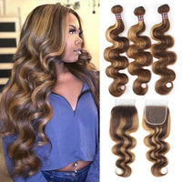 Highlight P4/27 Ombre Body Wave 3 Bundles With 4X4 Lace Closure 100% Real Human Hair - Perismoda Hair