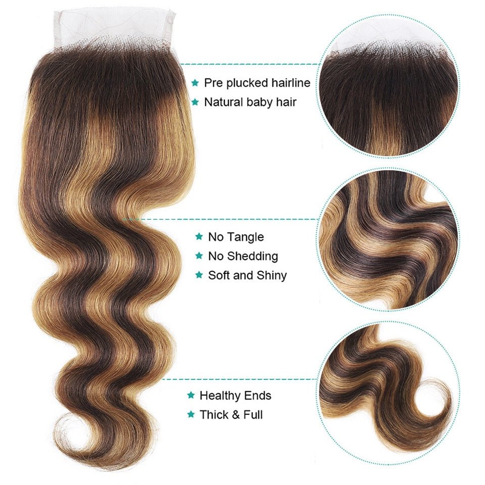 Highlight P4/27 Ombre Body Wave 3 Bundles With 4X4 Lace Closure 100% Real Human Hair - Perismoda Hair