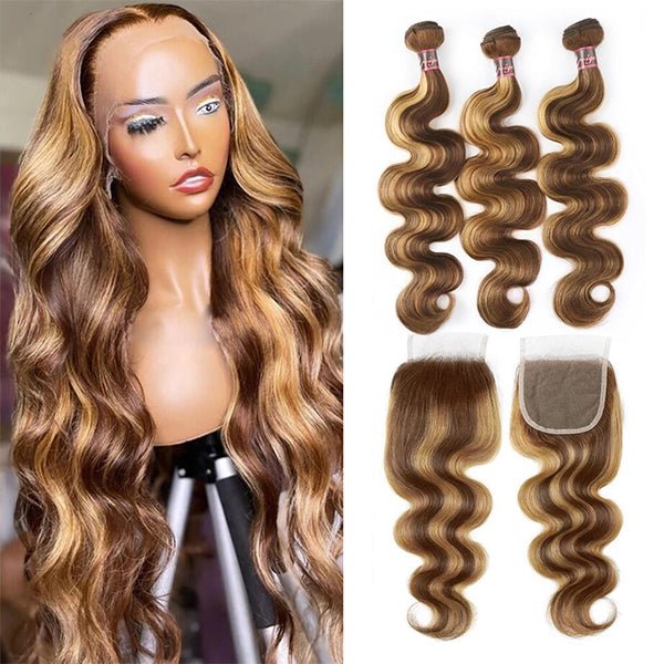 Highlight P4/27 Ombre Body Wave 3 Bundles With 4X4 Lace Closure 100% Real Human Hair - Perismoda Hair