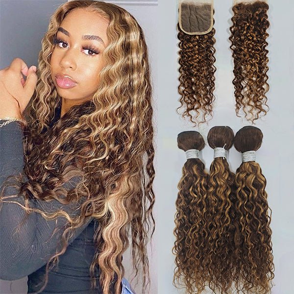 Highlight P4/27 Water Wave 3 Bundles With 4X4 Lace Closure 100% Virgin Human Hair - Perismoda Hair