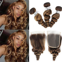 Highlight P4/30 Loose Deep Wave 3 Bundles With 4X4 Transparent Lace Closure Virgin Human Hair - Perismoda Hair
