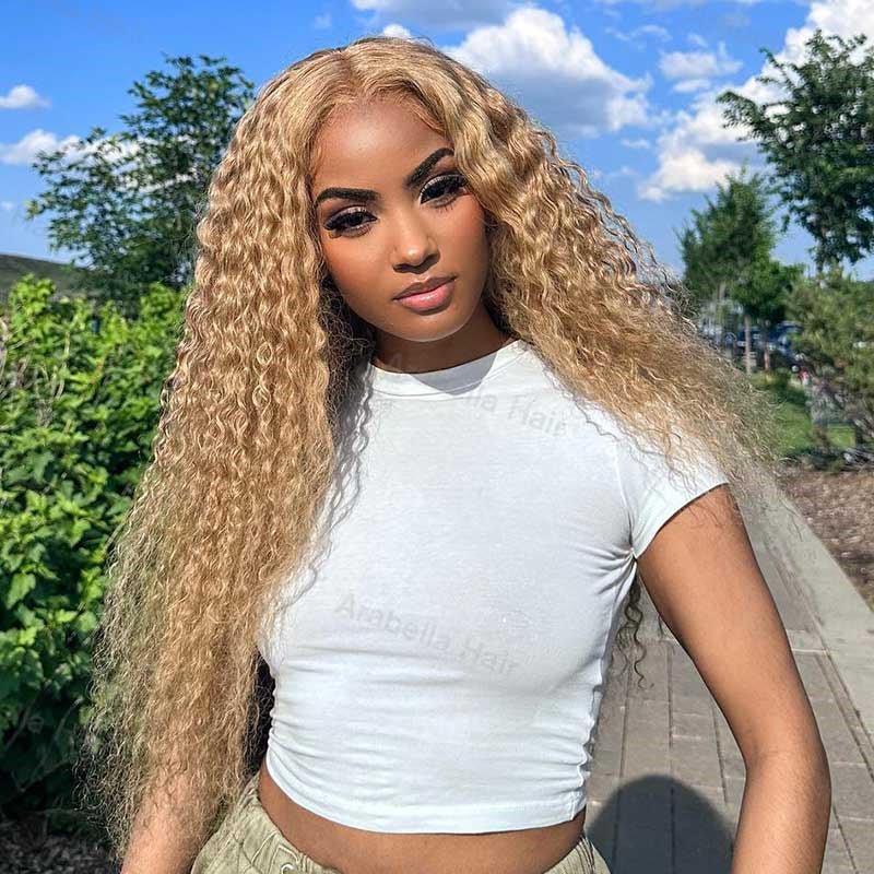 Honey Blonde Curly Hair 13x4 Transparent Lace Front Human Hair Wig With Pre Plucked - Perismoda Hair