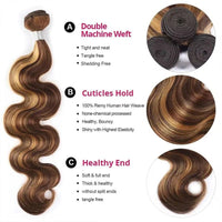 Honey Blonde Highlight Brown Ombre Color Wavy Free Part Melt 3 Bundles With 4x4 Lace Closure - Perismoda Hair
