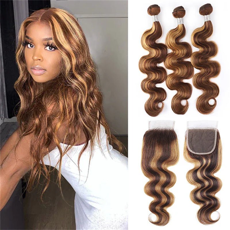 Honey Blonde Highlight Brown Ombre Color Wavy Free Part Melt 3 Bundles With 4x4 Lace Closure - Perismoda Hair