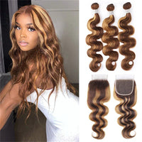 Honey Blonde Highlight Brown Ombre Color Wavy Free Part Melt 3 Bundles With 4x4 Lace Closure - Perismoda Hair