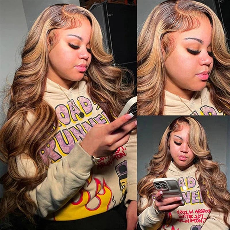 Honey Blonde Highlight Brown Ombre Color Wavy Free Part Melt 3 Bundles With 4x4 Lace Closure - Perismoda Hair