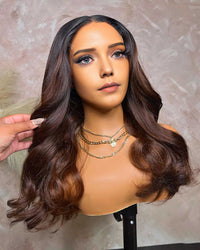 Perismoda Ombre Black Brown T1B/4 Invisi Strap 360 Lace Frontal Glueless Bleach Knots Body Wave Human Hair Wig
