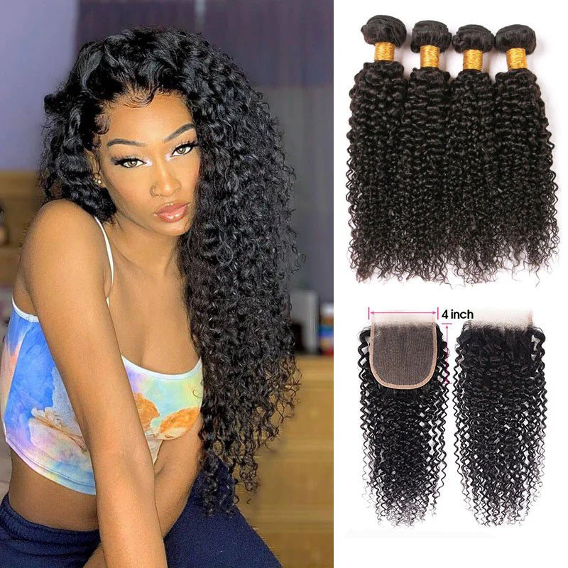 Kinky Curly Hair 4 Bundles With 4x4 Lace Closure Virgin Human Hair - Perismoda Hair
