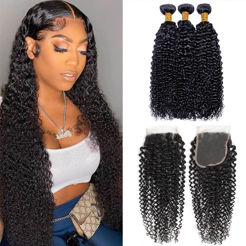Kinky Curly Remy Virgin Human Hair 3 Bundles With 4X4 Lace Closure - Perismoda Hair