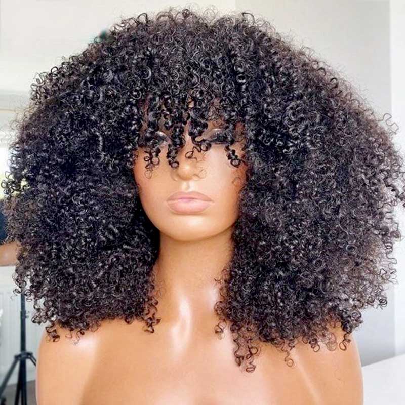 Perismoda Kinky Curly Wig With Bangs Brazilian Remy Human Hair Glueless Wig